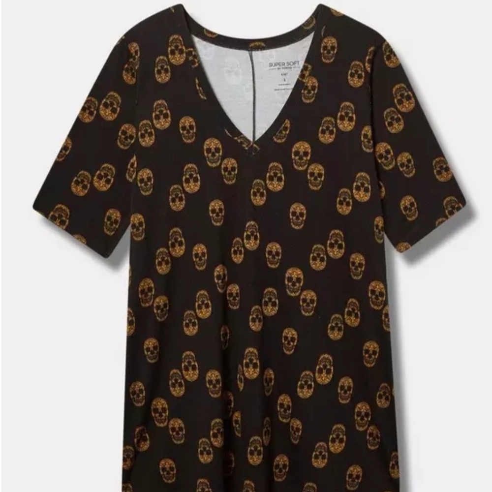 Super Soft V-Neck Tunic Tee with Gold Skull Pattern